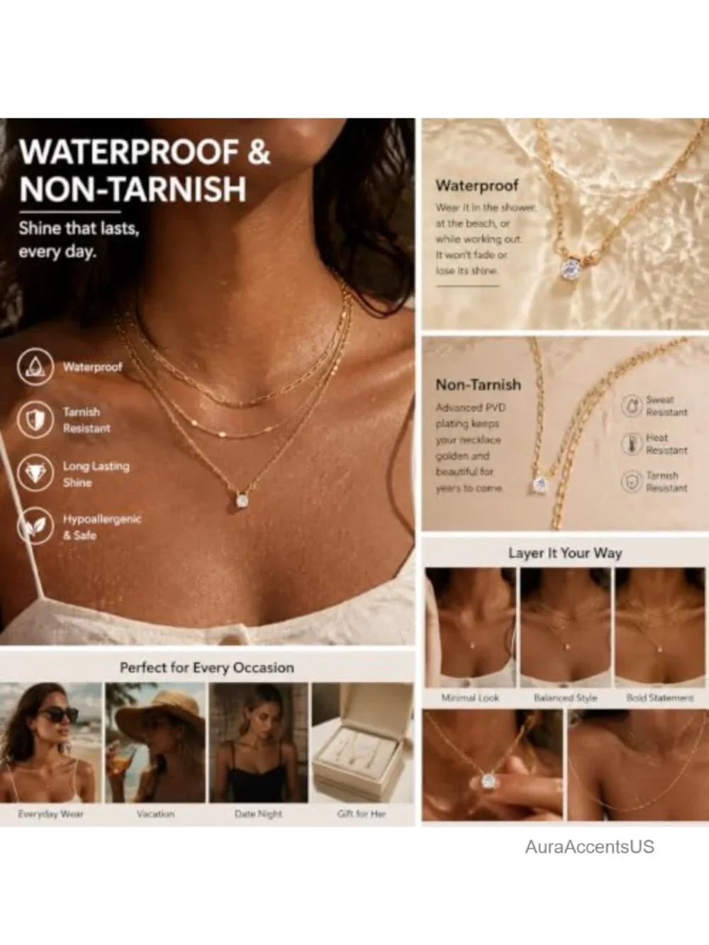 Layered Gold Plated Necklace Set Stackable Non-Tarnish Adjustable 3 Strands